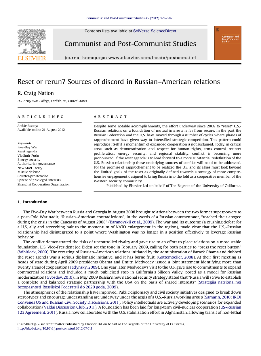 Reset or rerun? Sources of discord in Russian–American relations