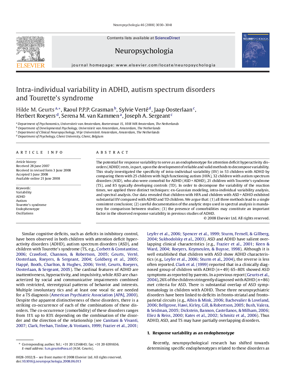 Intra-individual variability in ADHD, autism spectrum disorders and Tourette's syndrome