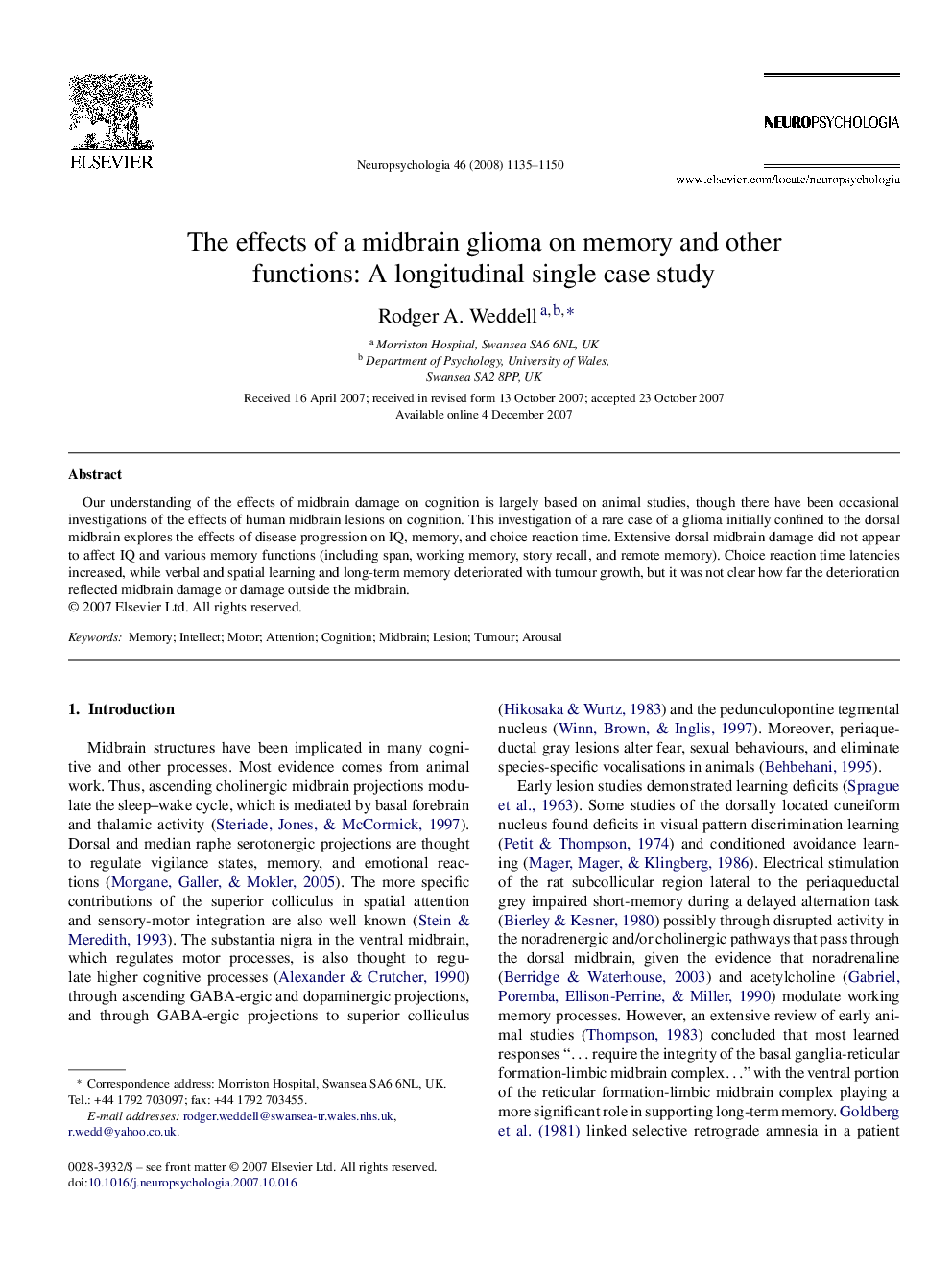 The effects of a midbrain glioma on memory and other functions: A longitudinal single case study