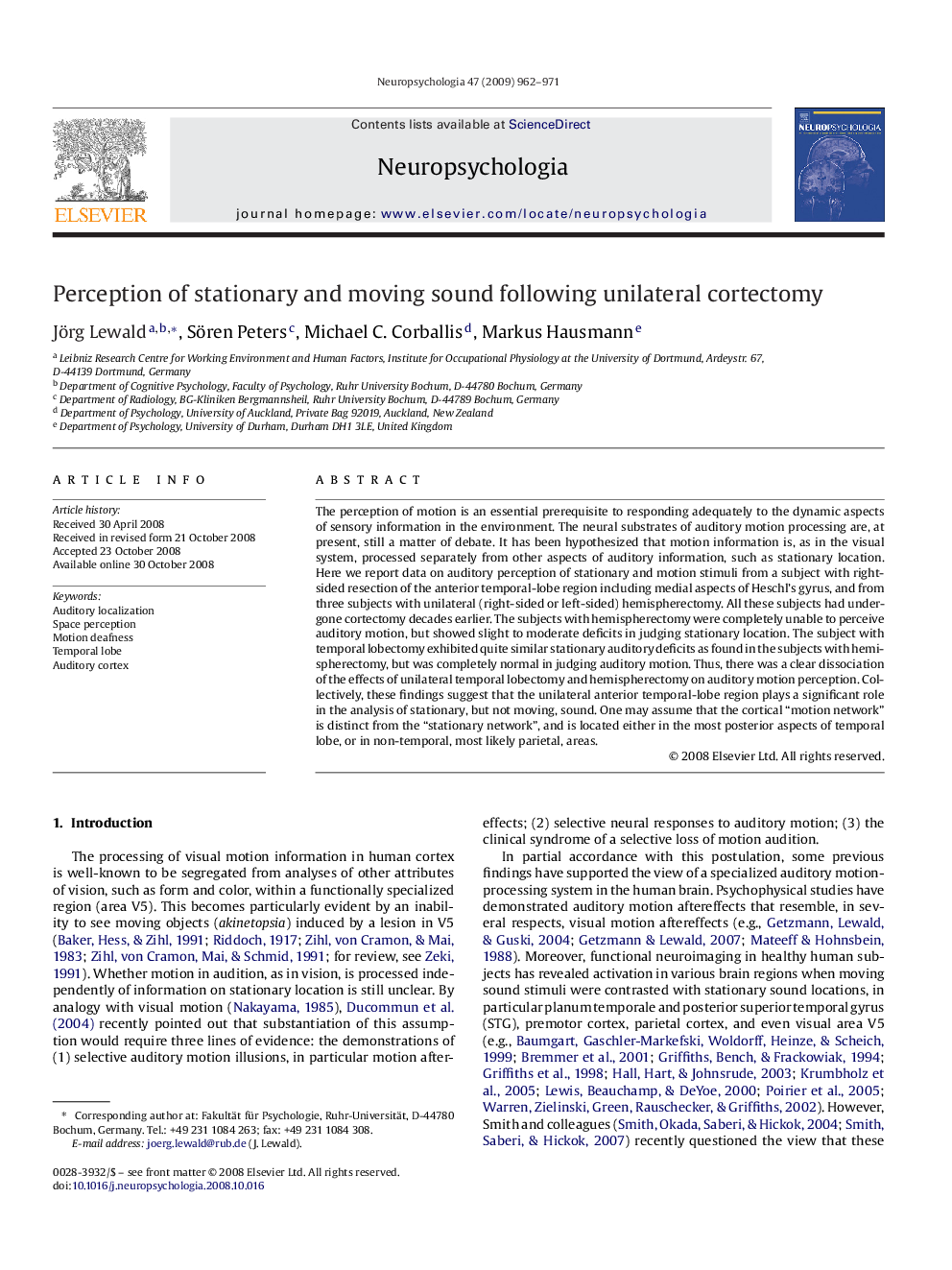 Perception of stationary and moving sound following unilateral cortectomy