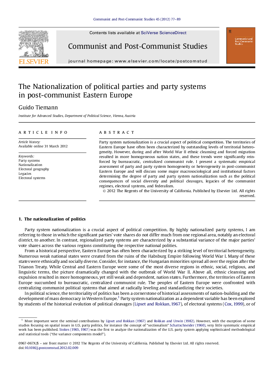 The Nationalization of political parties and party systems in post-communist Eastern Europe