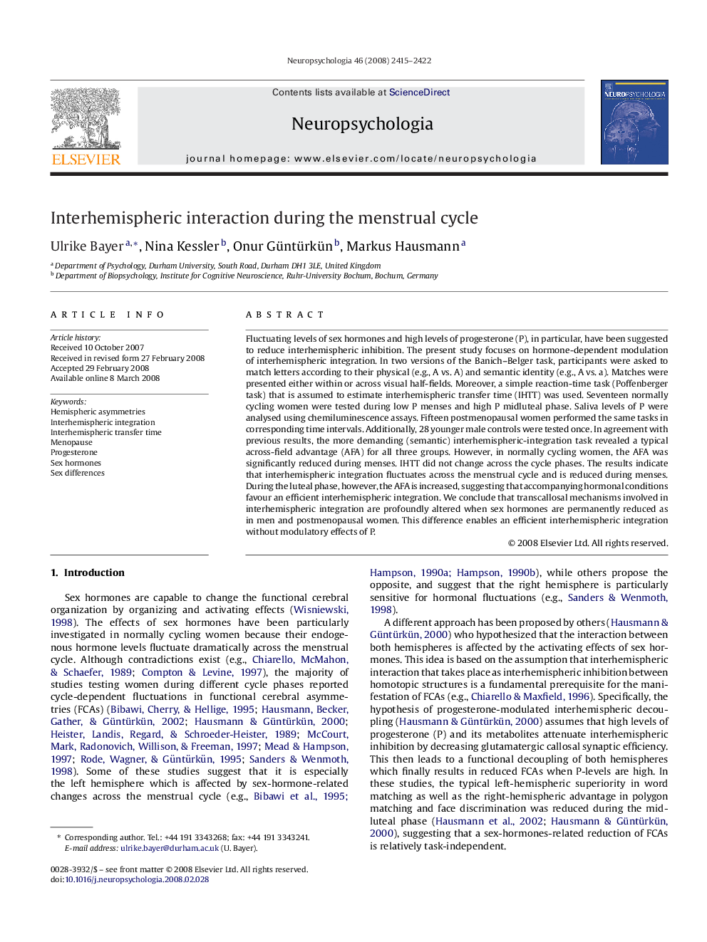 Interhemispheric interaction during the menstrual cycle