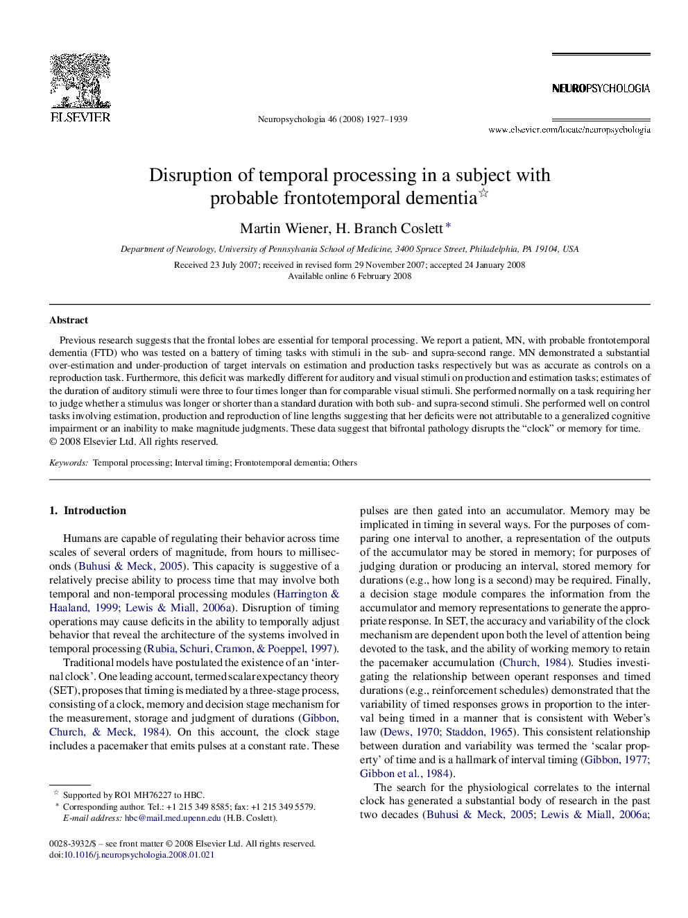 Disruption of temporal processing in a subject with probable frontotemporal dementia