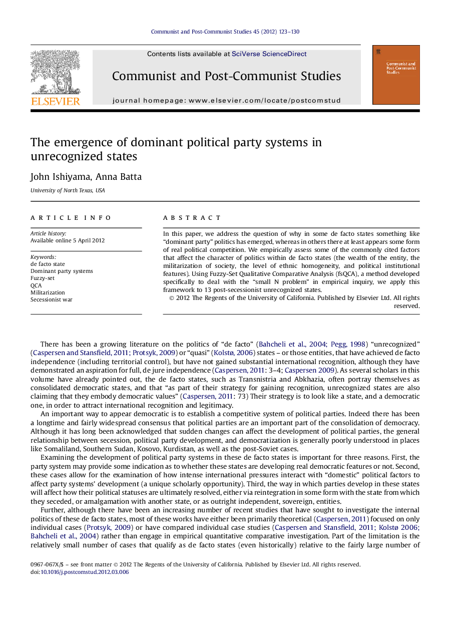 The emergence of dominant political party systems in unrecognized states