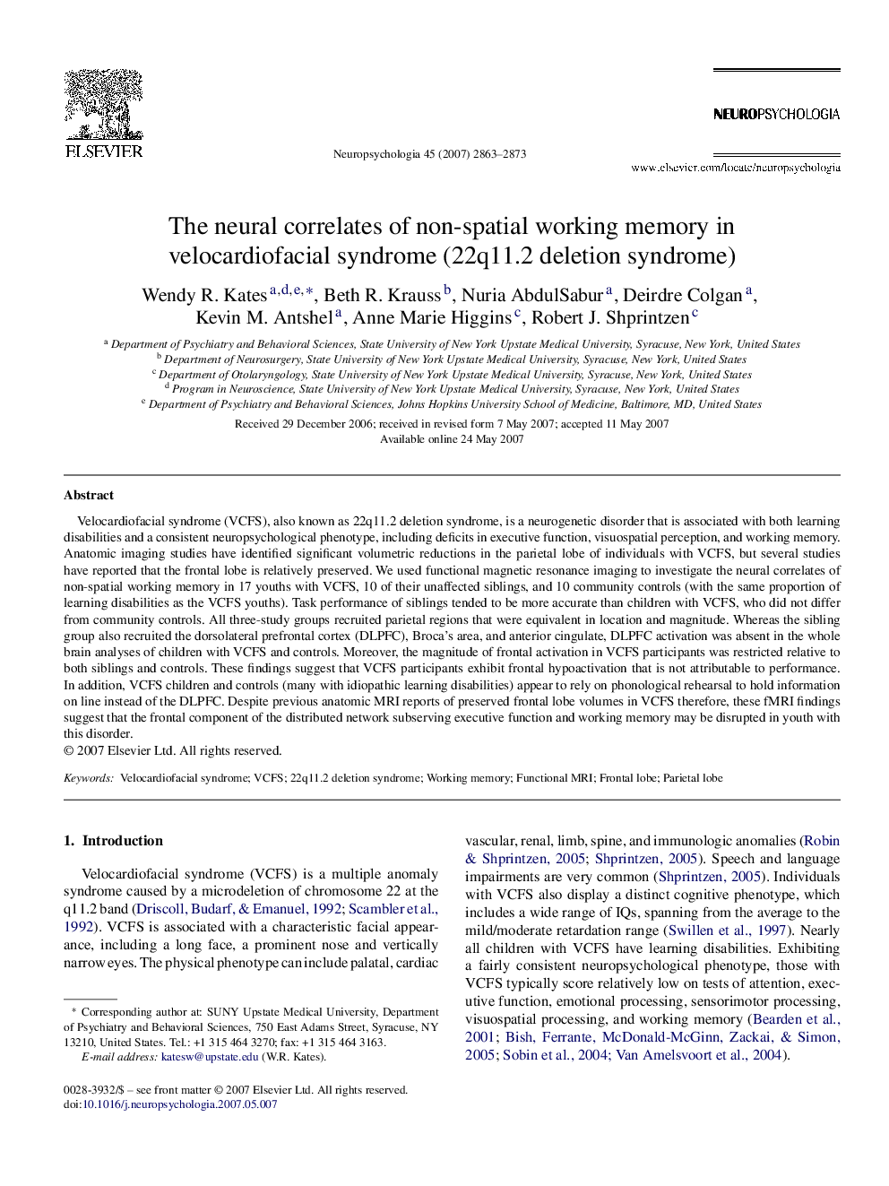 The neural correlates of non-spatial working memory in velocardiofacial syndrome (22q11.2 deletion syndrome)