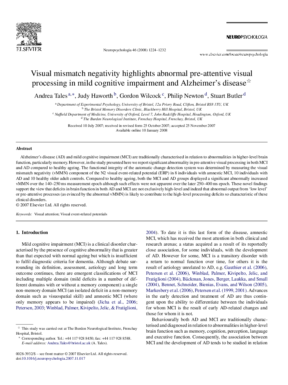 Visual mismatch negativity highlights abnormal pre-attentive visual processing in mild cognitive impairment and Alzheimer's disease