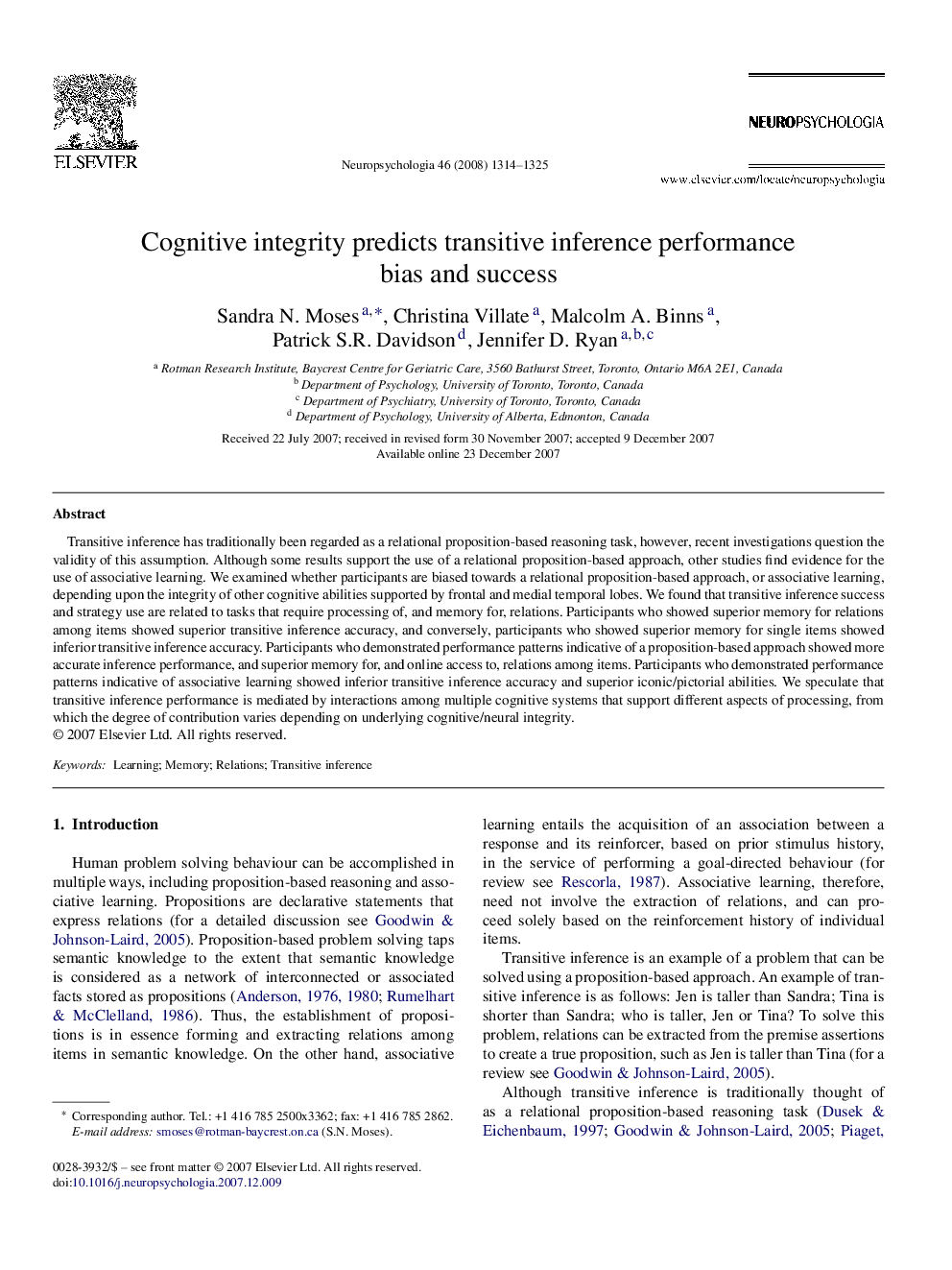 Cognitive integrity predicts transitive inference performance bias and success