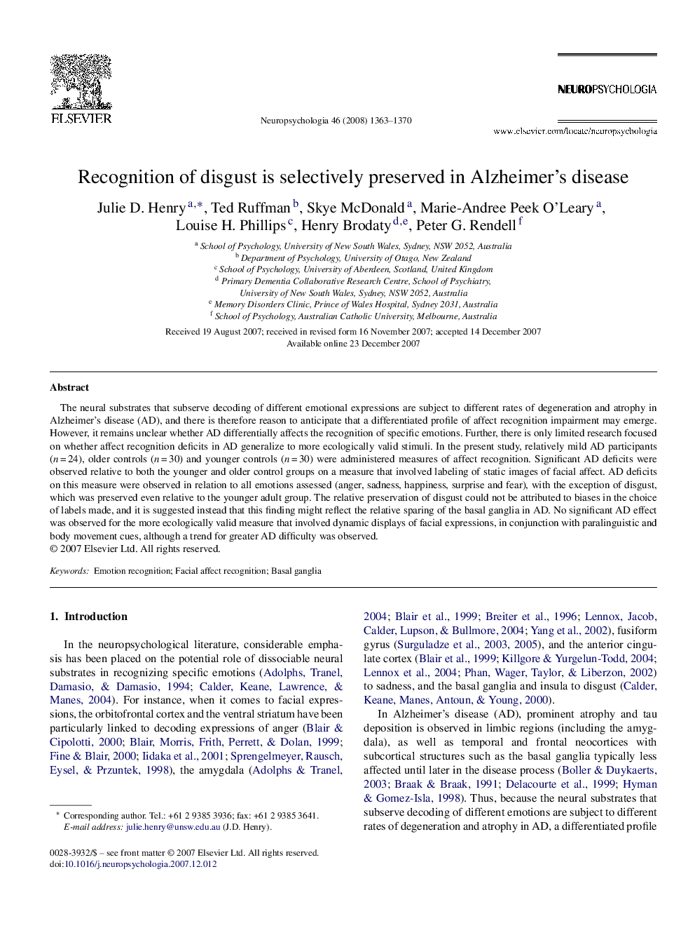 Recognition of disgust is selectively preserved in Alzheimer's disease