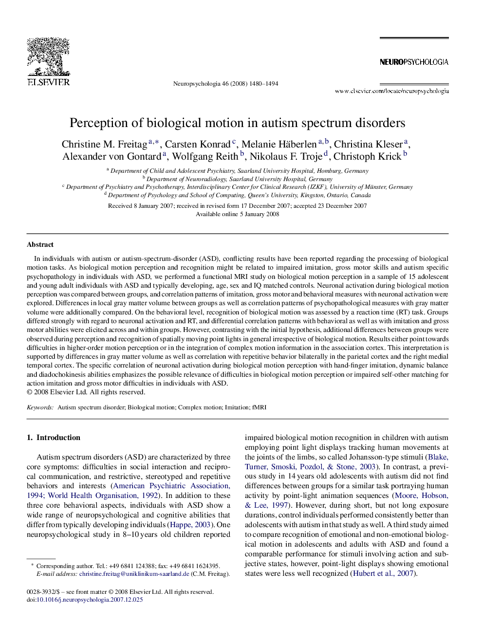 Perception of biological motion in autism spectrum disorders