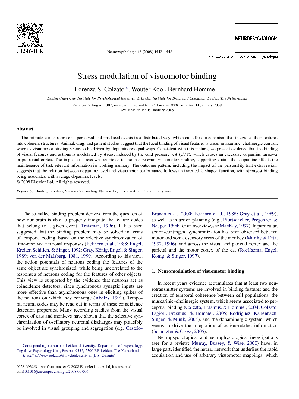 Stress modulation of visuomotor binding