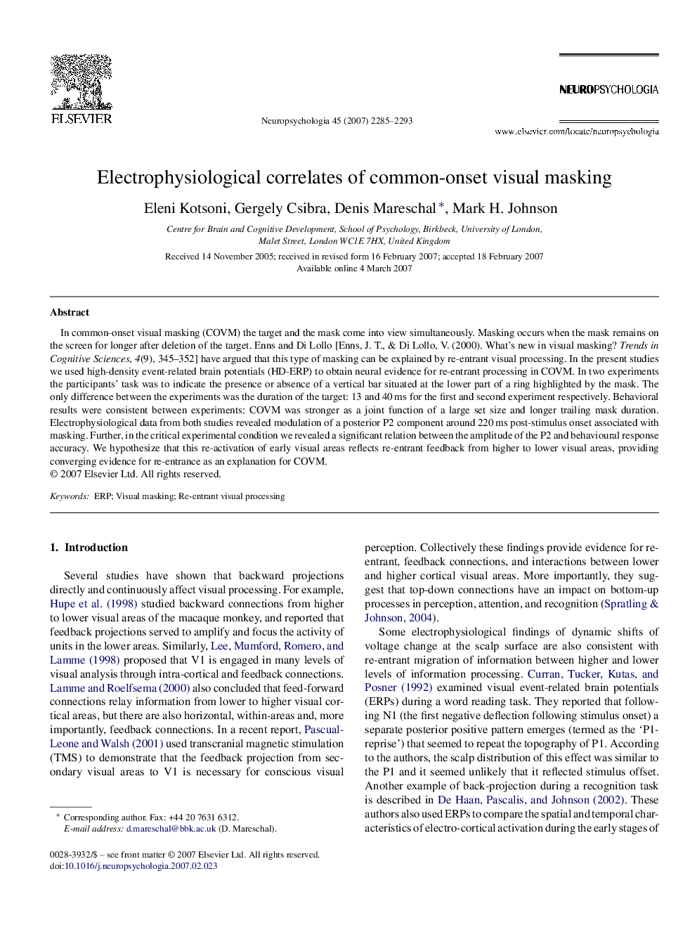 Electrophysiological correlates of common-onset visual masking