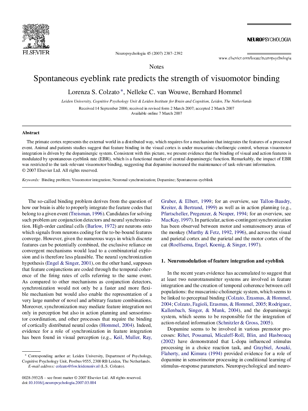 Spontaneous eyeblink rate predicts the strength of visuomotor binding