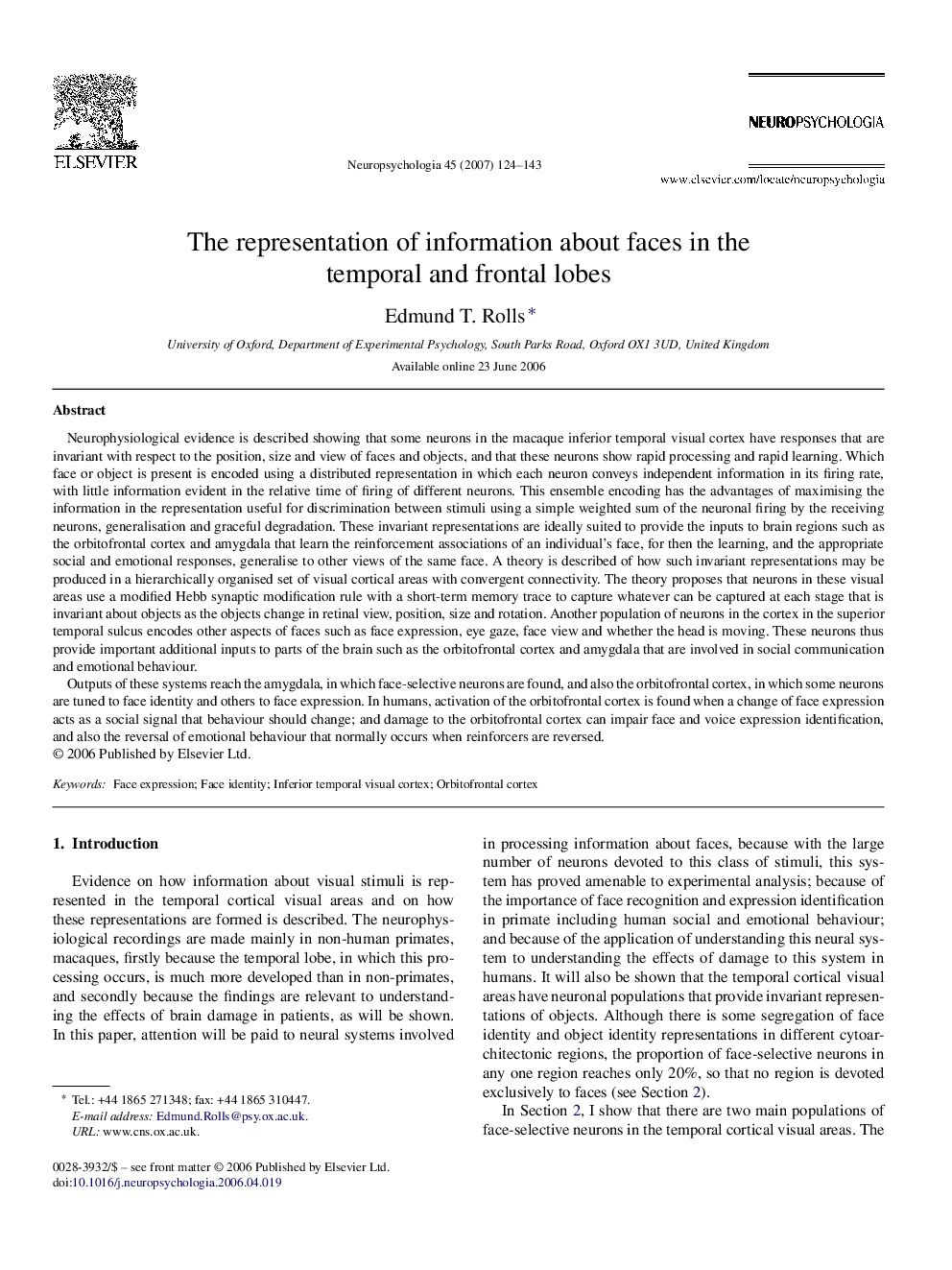 The representation of information about faces in the temporal and frontal lobes