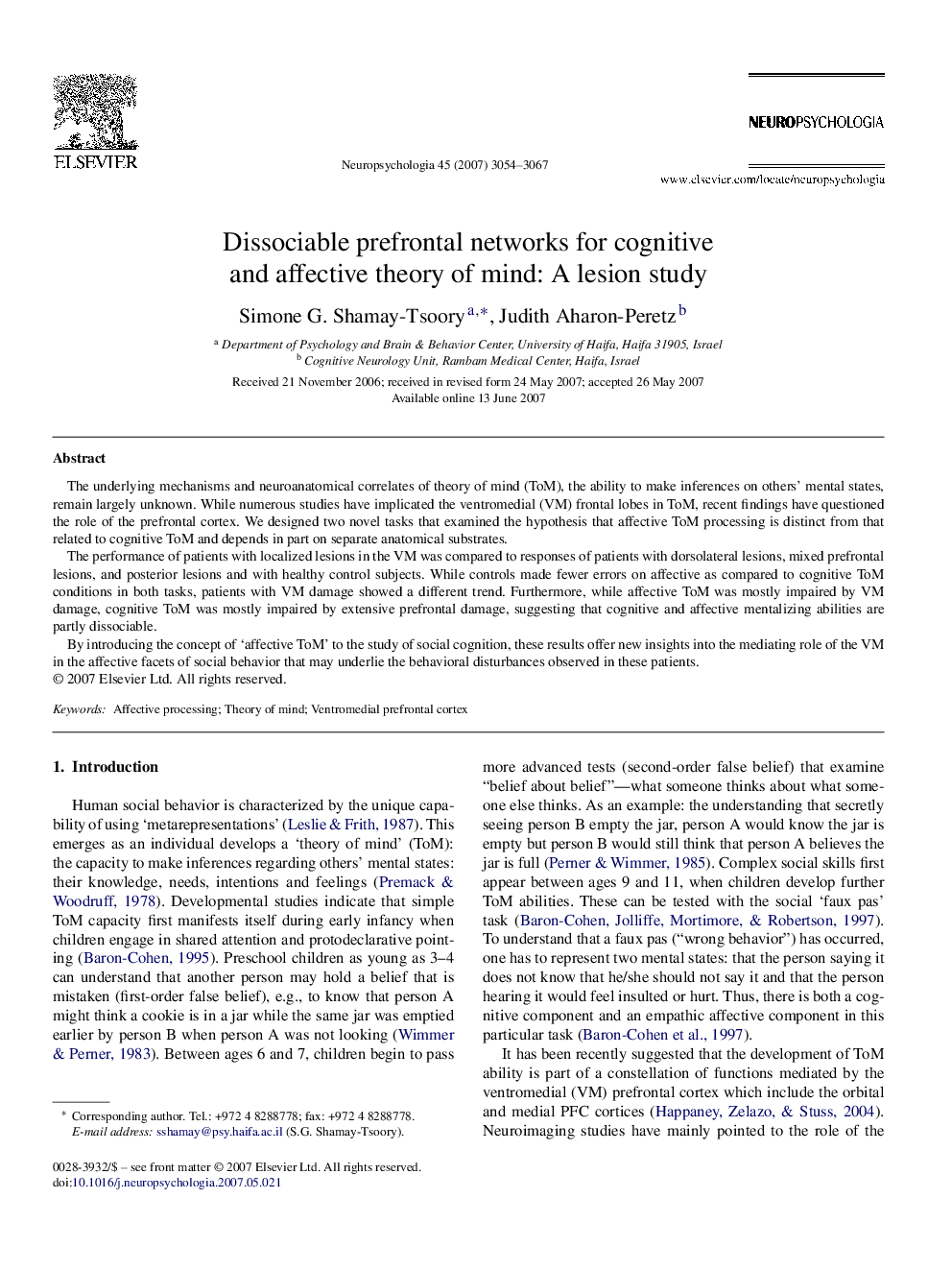 Dissociable prefrontal networks for cognitive and affective theory of mind: A lesion study