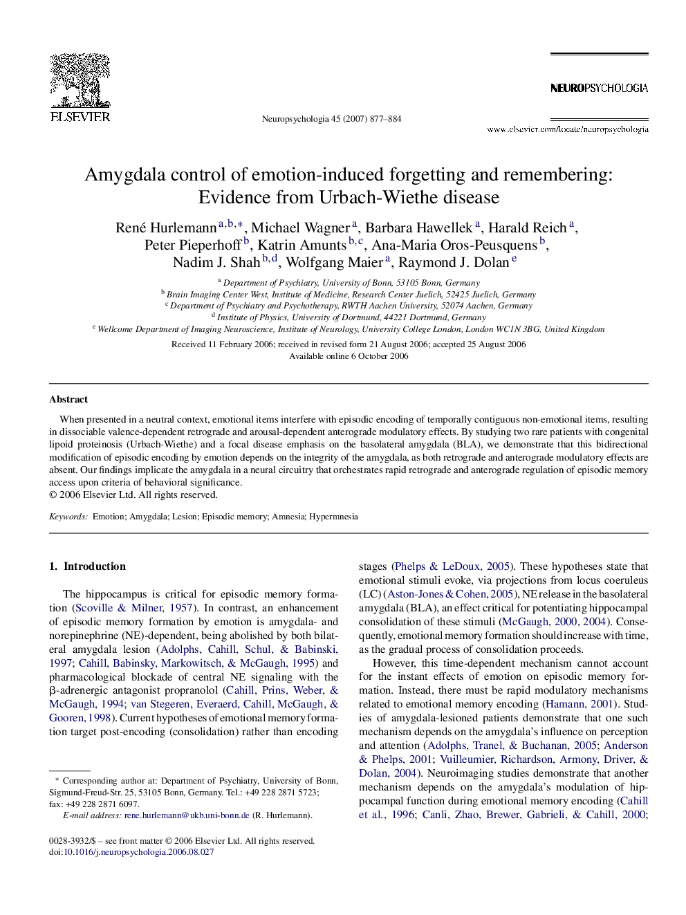 Amygdala control of emotion-induced forgetting and remembering: Evidence from Urbach-Wiethe disease