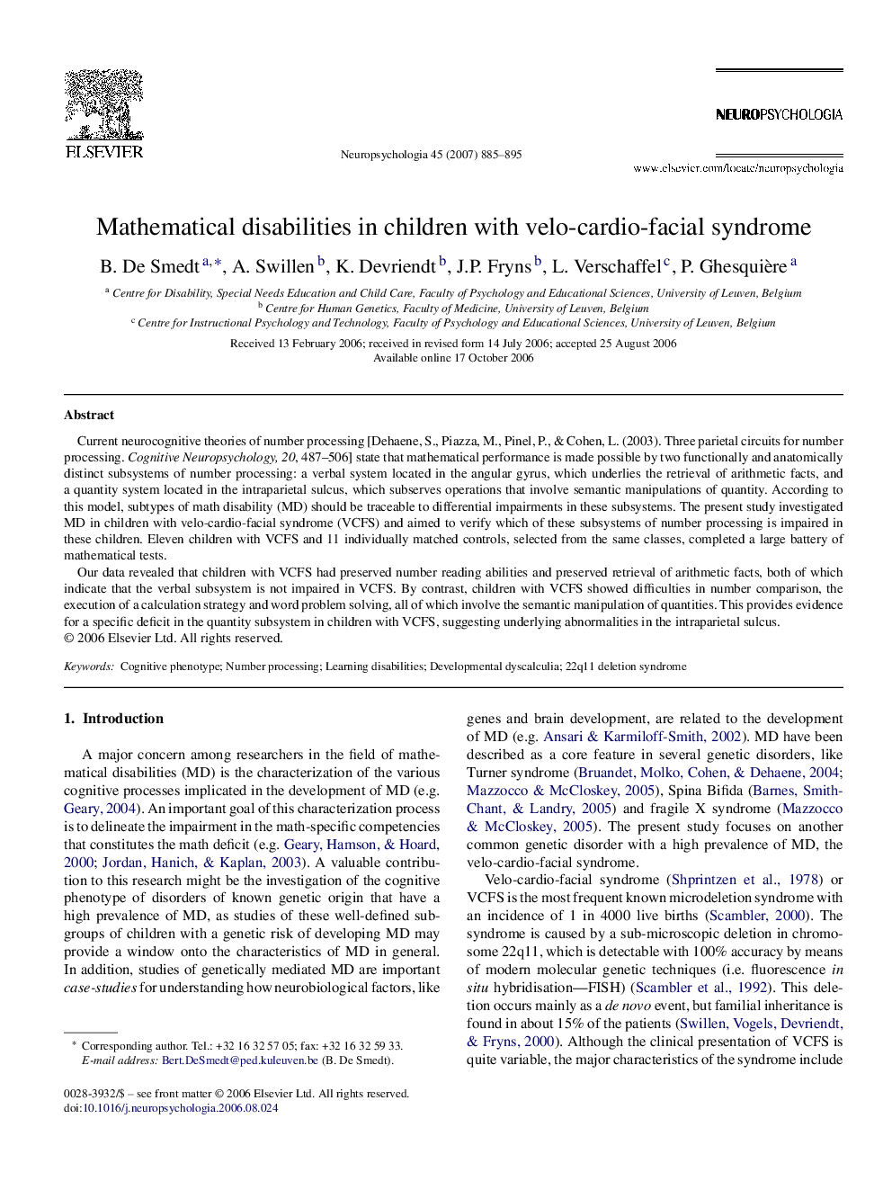 Mathematical disabilities in children with velo-cardio-facial syndrome