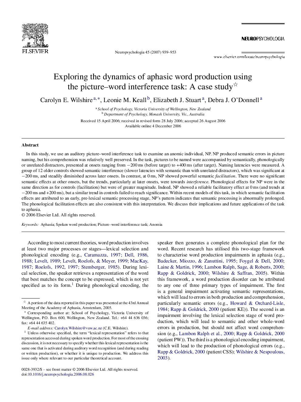 عکس صفحه اول مقاله: Exploring the dynamics of aphasic word production using the picture-word interference task: A case study Exploring the dynamics of aphasic word production using the picture-word interference task: A case study