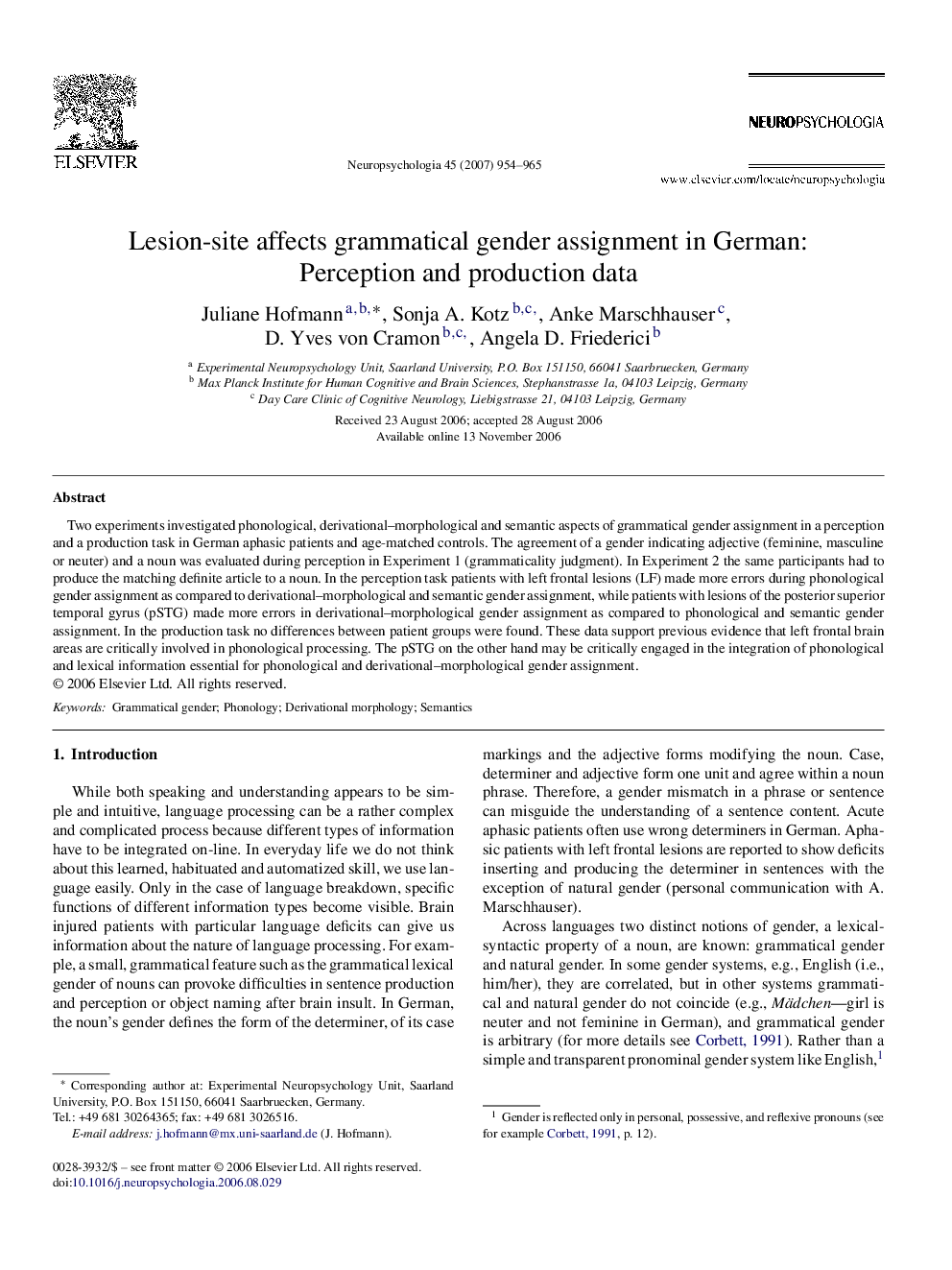 Lesion-site affects grammatical gender assignment in German: Perception and production data