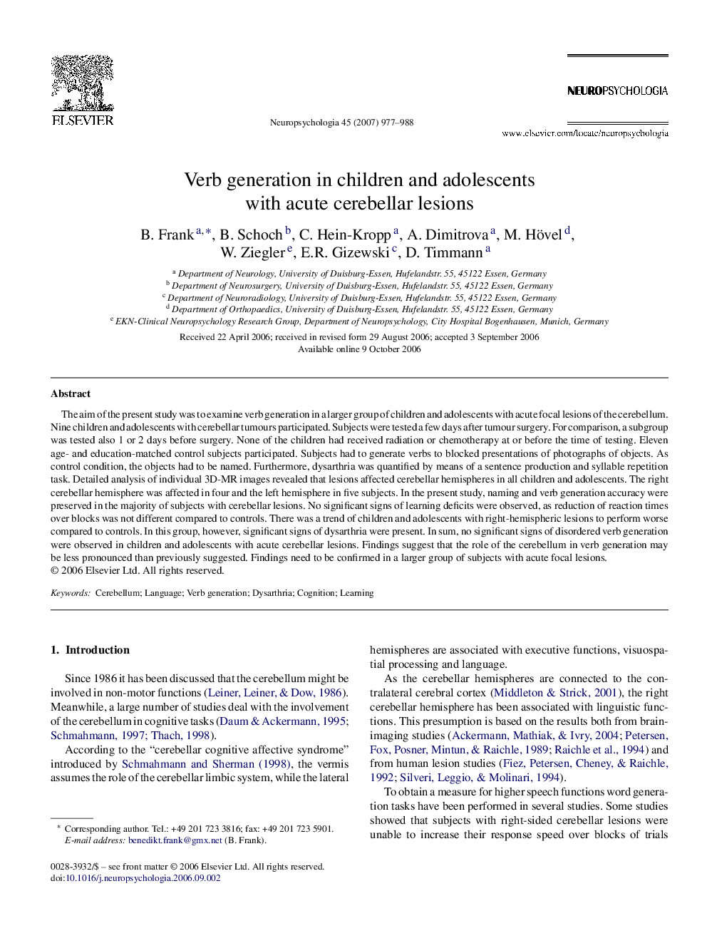 Verb generation in children and adolescents with acute cerebellar lesions