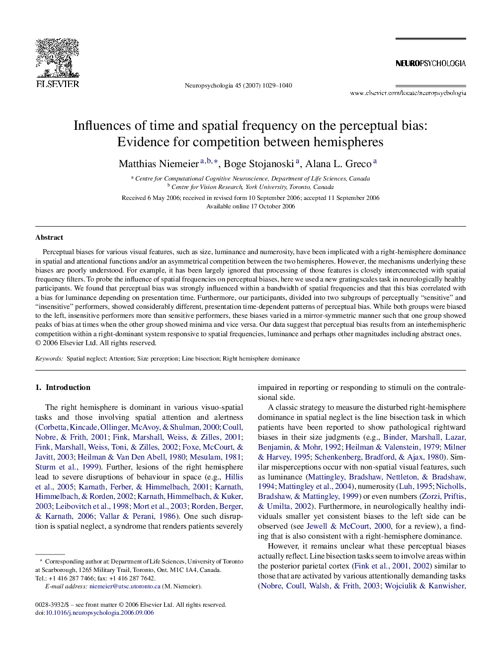 Influences of time and spatial frequency on the perceptual bias: Evidence for competition between hemispheres