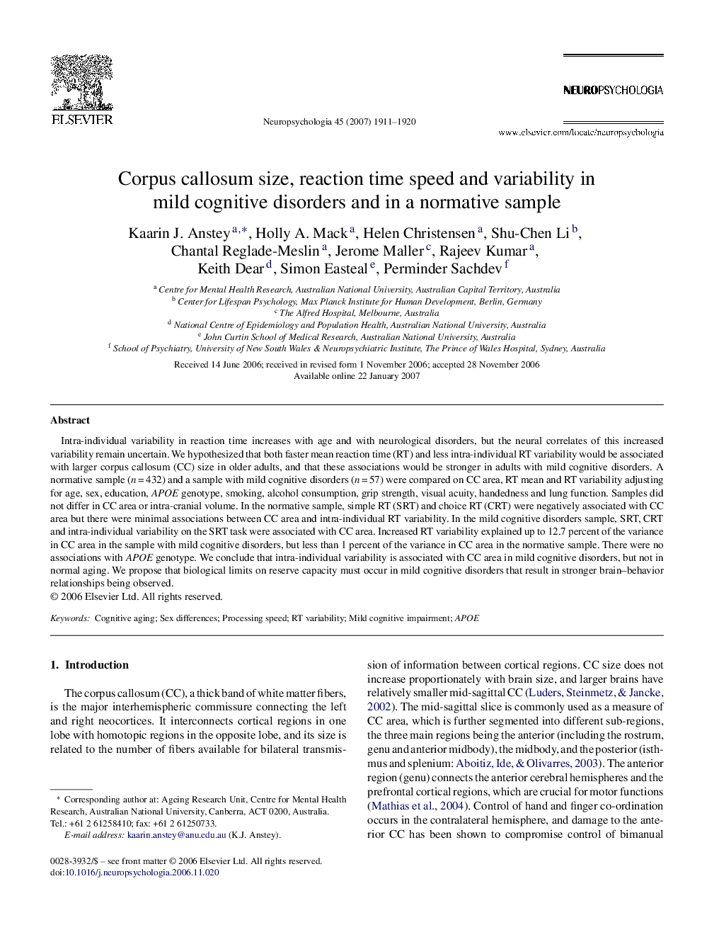 Corpus callosum size, reaction time speed and variability in mild cognitive disorders and in a normative sample