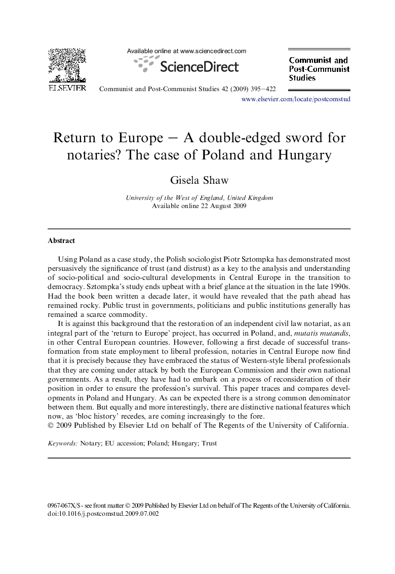 Return to Europe – A double-edged sword for notaries? The case of Poland and Hungary