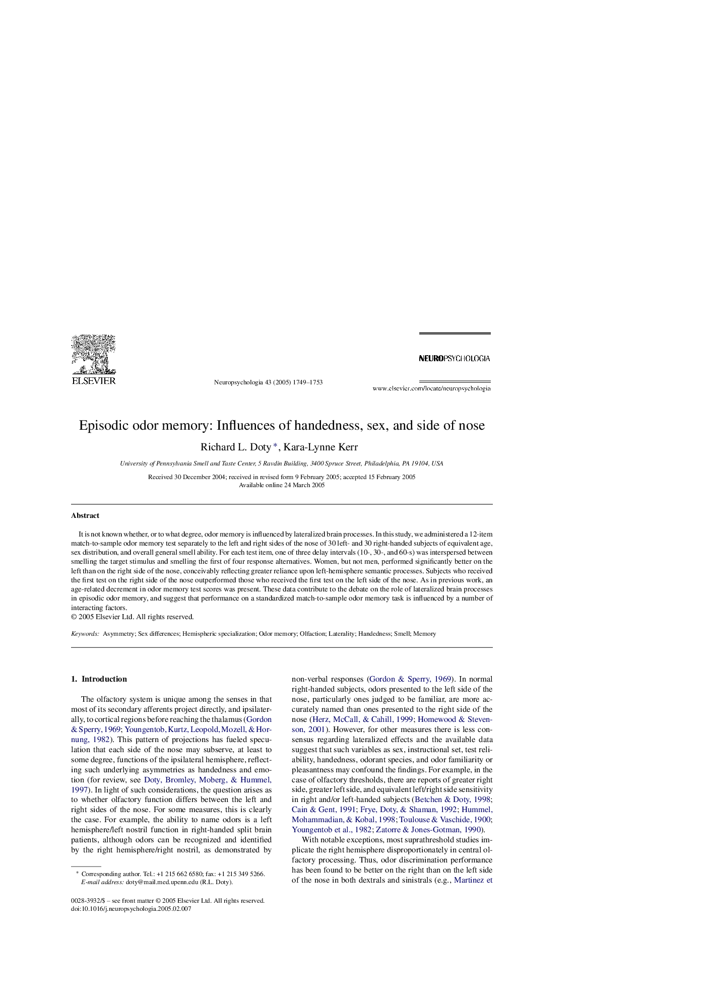 Episodic odor memory: Influences of handedness, sex, and side of nose