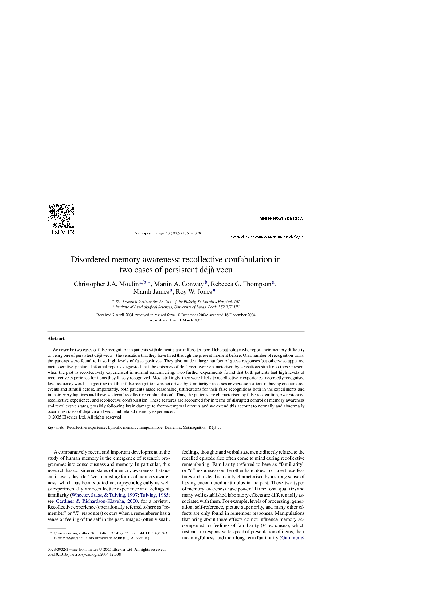 Disordered memory awareness: recollective confabulation in two cases of persistent déjÃ  vecu