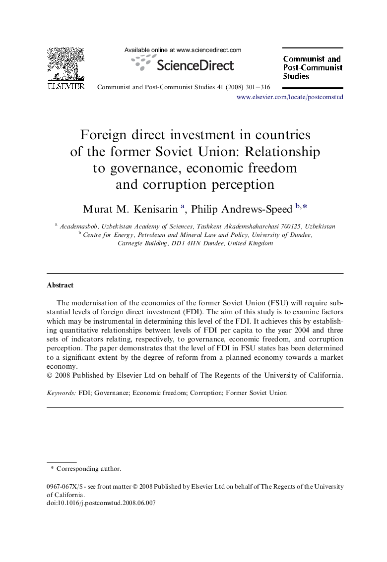 Foreign direct investment in countries of the former Soviet Union: Relationship to governance, economic freedom and corruption perception