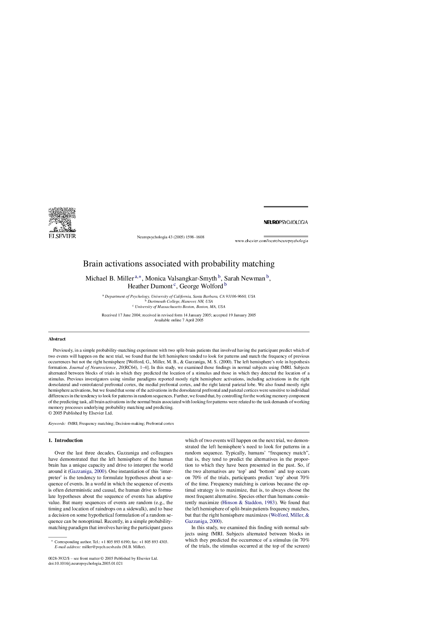 Brain activations associated with probability matching