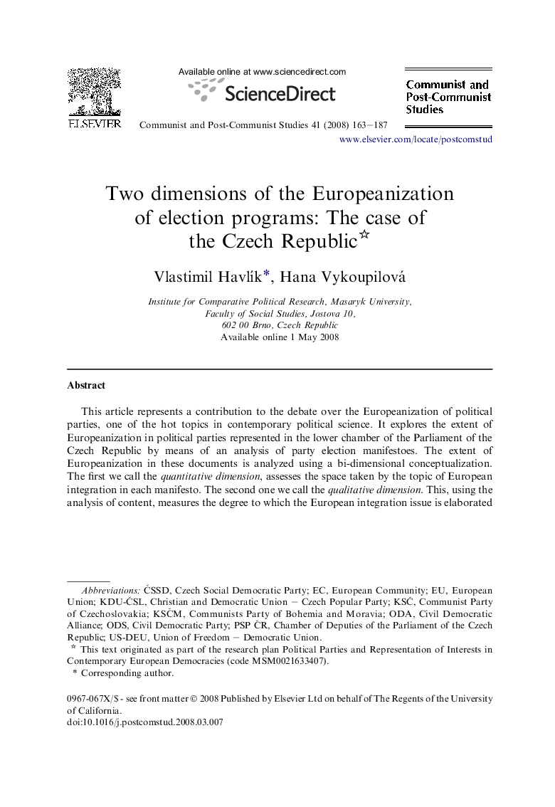 Two dimensions of the Europeanization of election programs: The case of the Czech Republic 