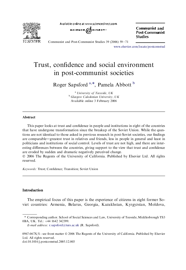 Trust, confidence and social environment in post-communist societies