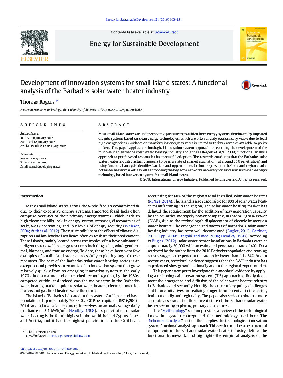 Development of innovation systems for small island states: A functional analysis of the Barbados solar water heater industry