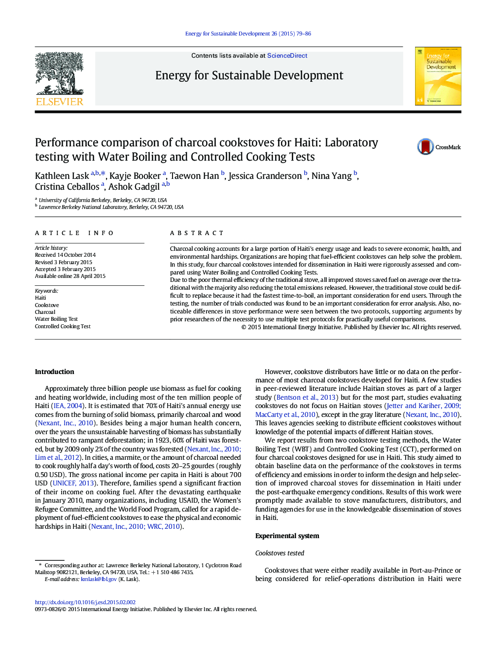 Performance comparison of charcoal cookstoves for Haiti: Laboratory testing with Water Boiling and Controlled Cooking Tests