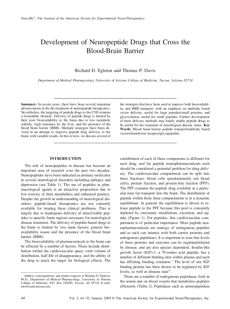 عکس صفحه اول مقاله: Development of Neuropeptide Drugs that Cross the Blood-Brain Barrier Development of Neuropeptide Drugs that Cross the Blood-Brain Barrier