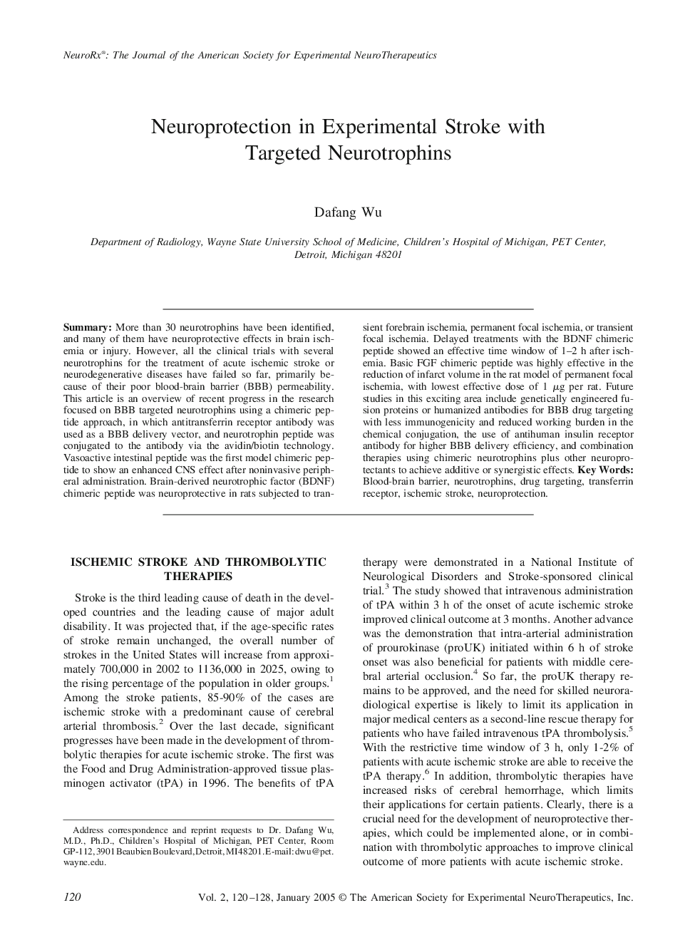 Neuroprotection in Experimental Stroke with Targeted Neurotrophins