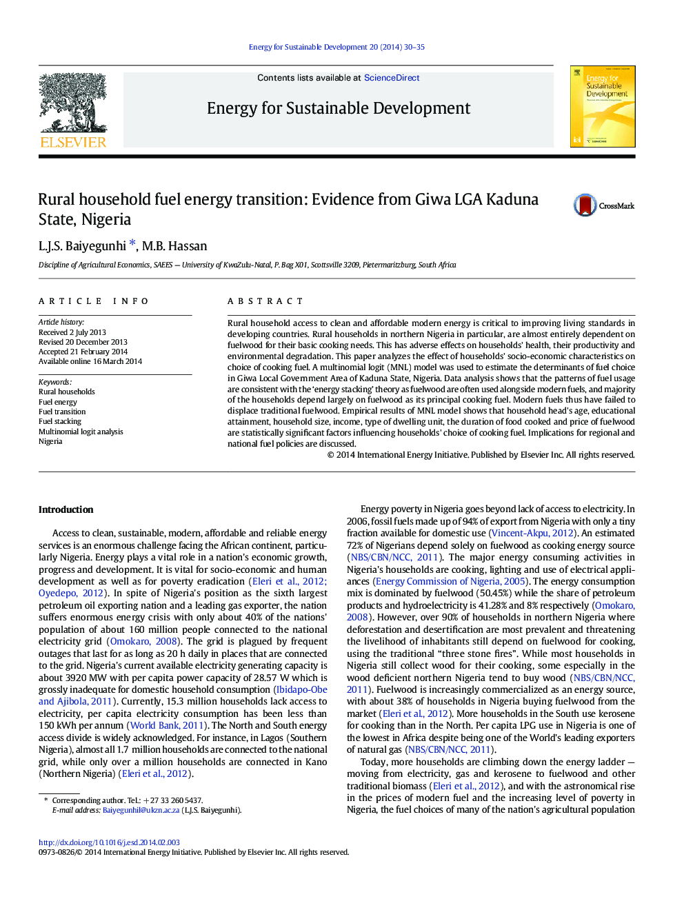 Rural household fuel energy transition: Evidence from Giwa LGA Kaduna State, Nigeria