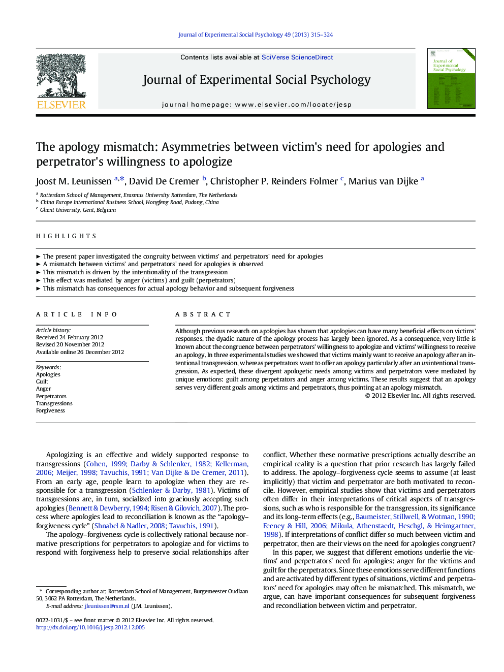 The apology mismatch: Asymmetries between victim's need for apologies and perpetrator's willingness to apologize