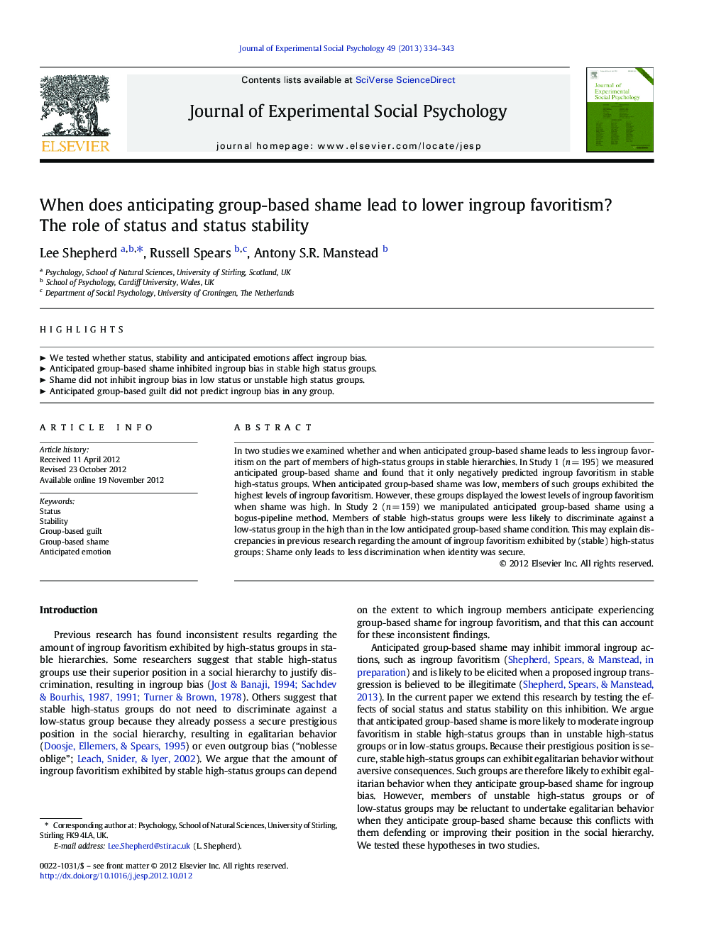 When does anticipating group-based shame lead to lower ingroup favoritism? The role of status and status stability