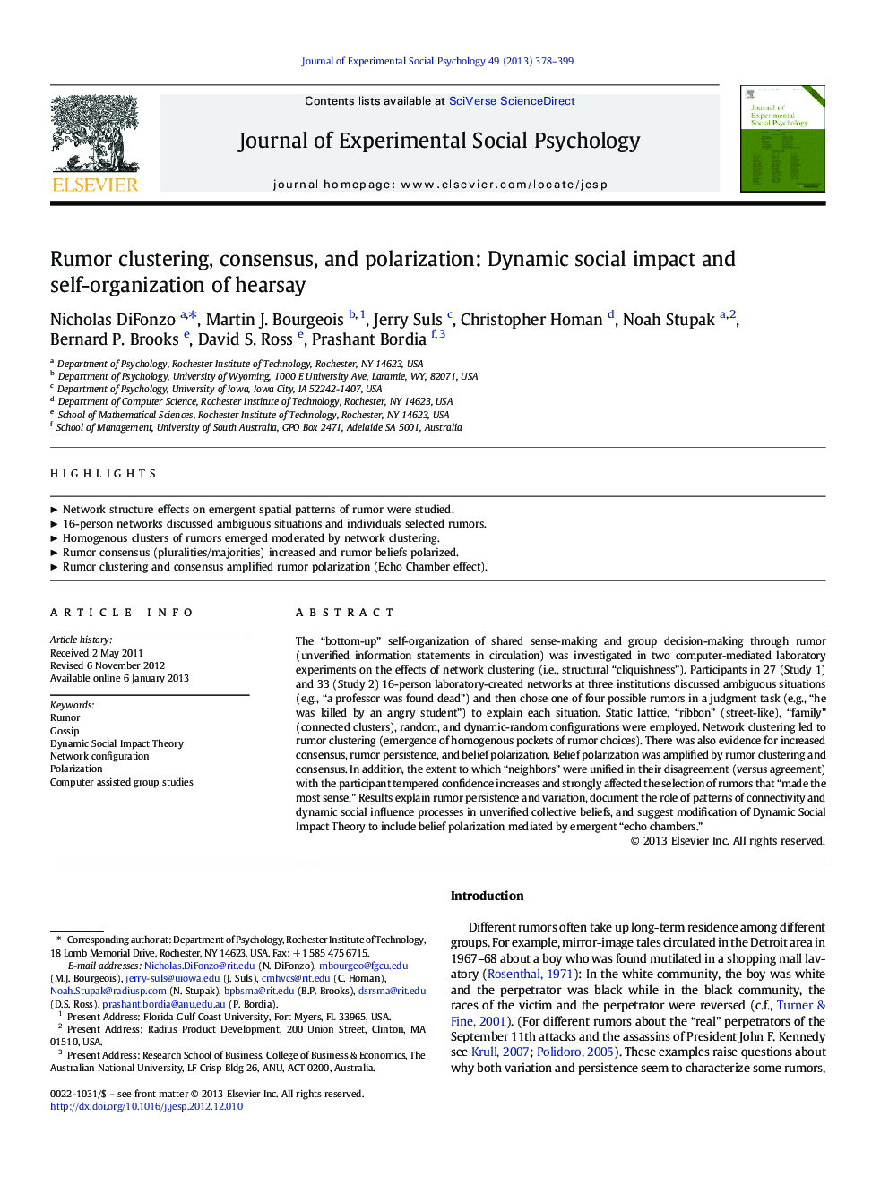 Rumor clustering, consensus, and polarization: Dynamic social impact and self-organization of hearsay