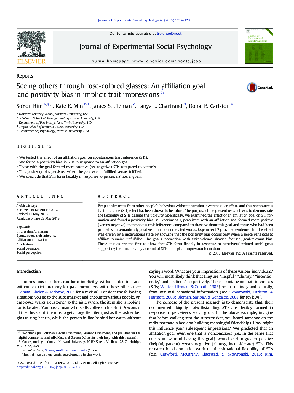 Seeing others through rose-colored glasses: An affiliation goal and positivity bias in implicit trait impressions