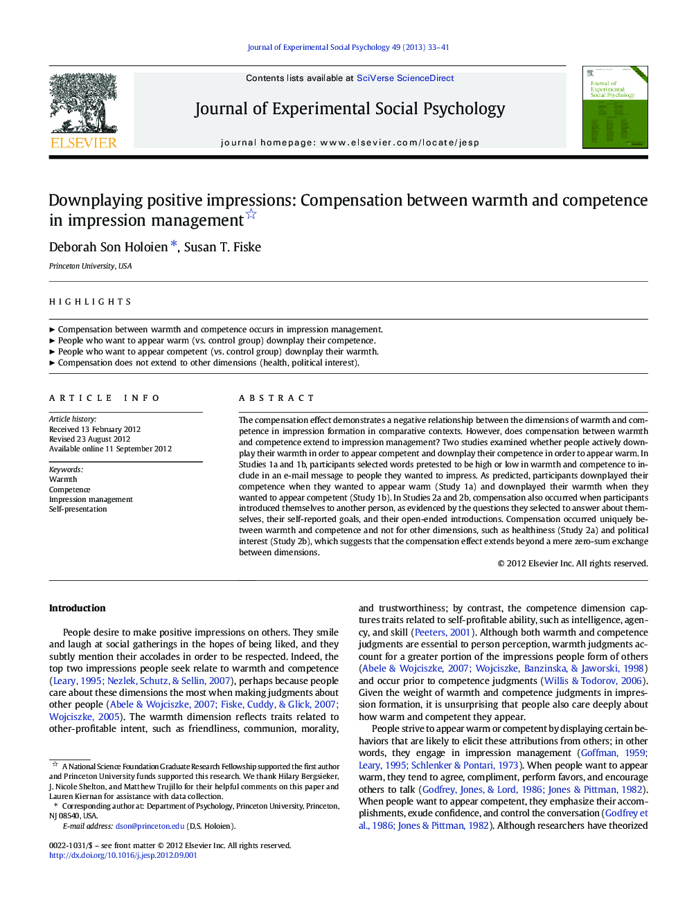 Downplaying positive impressions: Compensation between warmth and competence in impression management