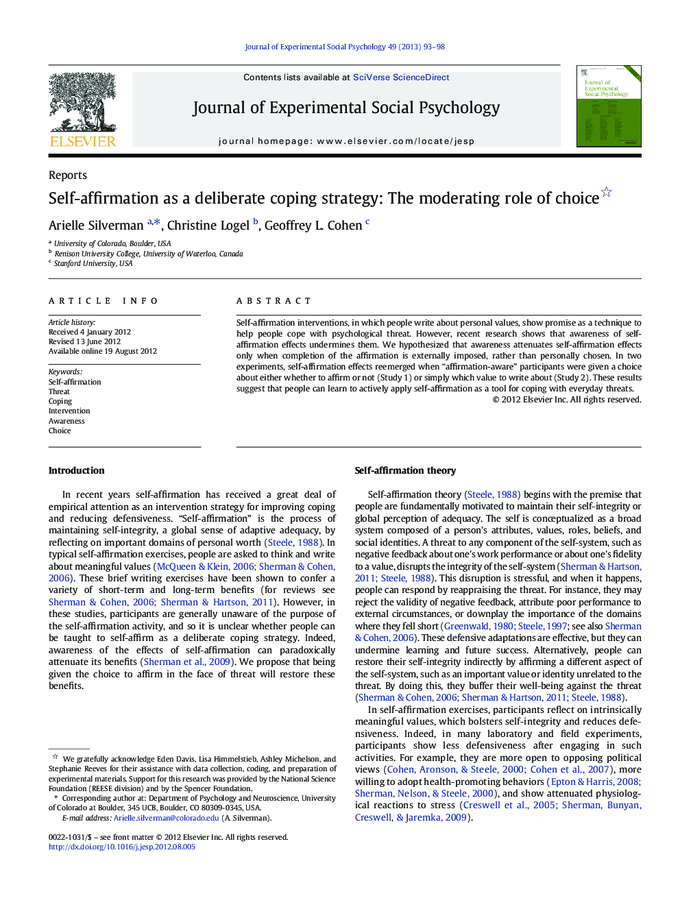 Self-affirmation as a deliberate coping strategy: The moderating role of choice