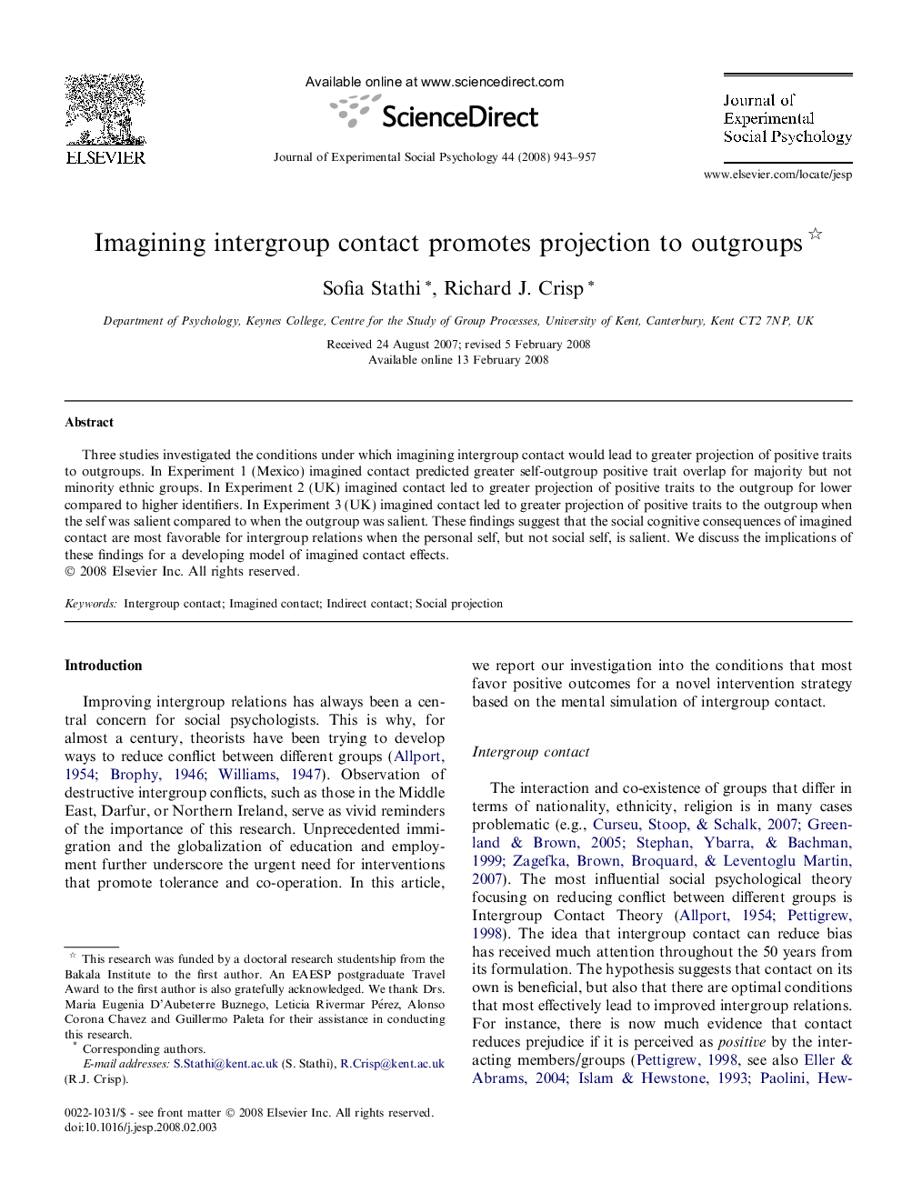 Imagining intergroup contact promotes projection to outgroups