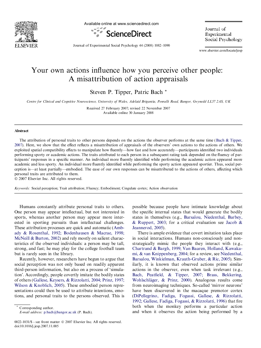 Your own actions influence how you perceive other people: A misattribution of action appraisals