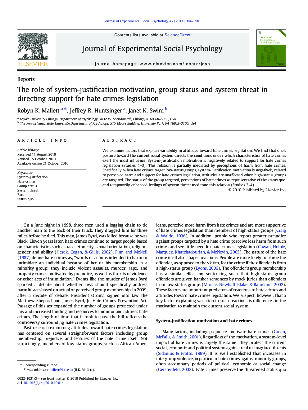 The role of system-justification motivation, group status and system threat in directing support for hate crimes legislation