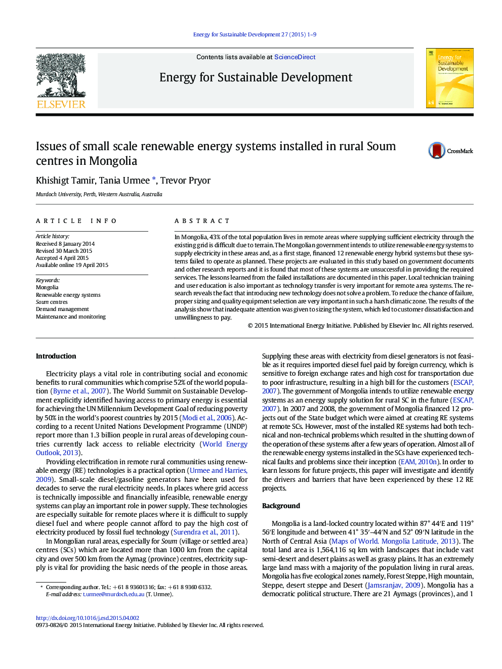 Issues of small scale renewable energy systems installed in rural Soum centres in Mongolia