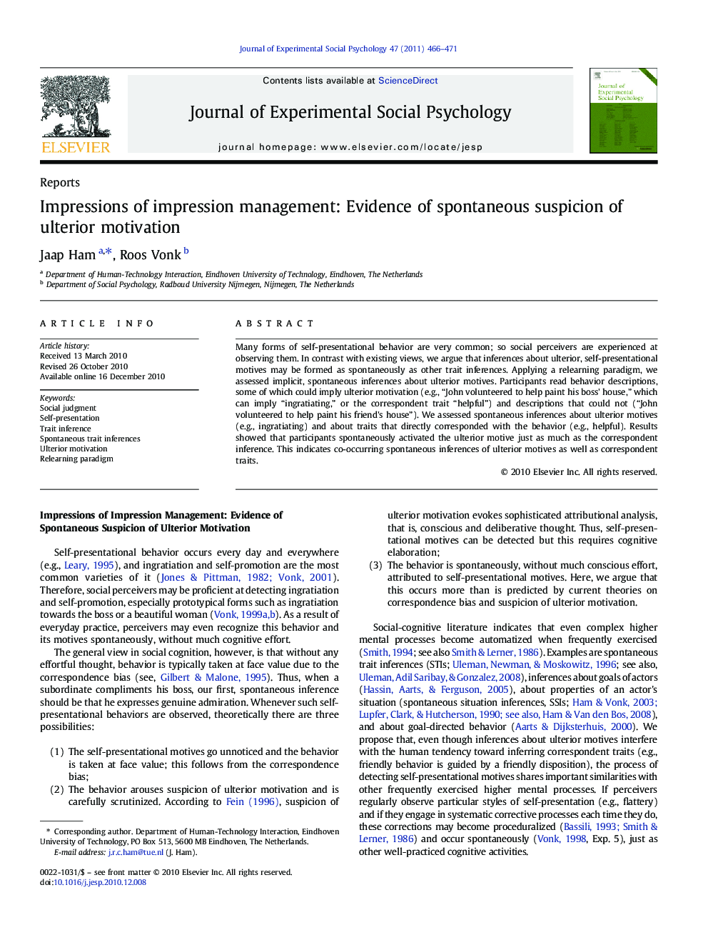 Impressions of impression management: Evidence of spontaneous suspicion of ulterior motivation