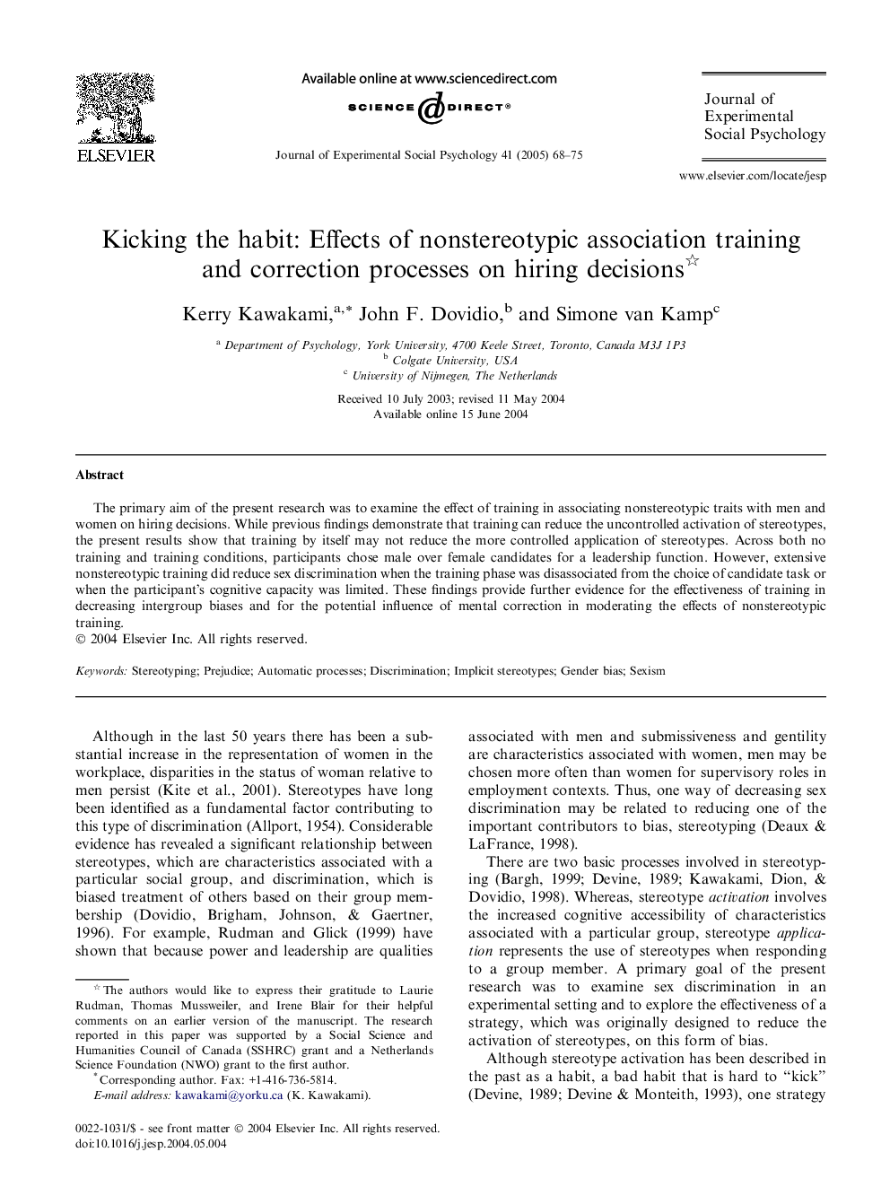 Kicking the habit: Effects of nonstereotypic association training and correction processes on hiring decisions