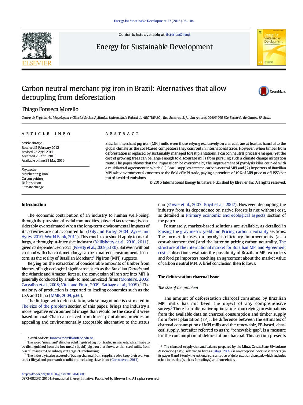 Carbon neutral merchant pig iron in Brazil: Alternatives that allow decoupling from deforestation